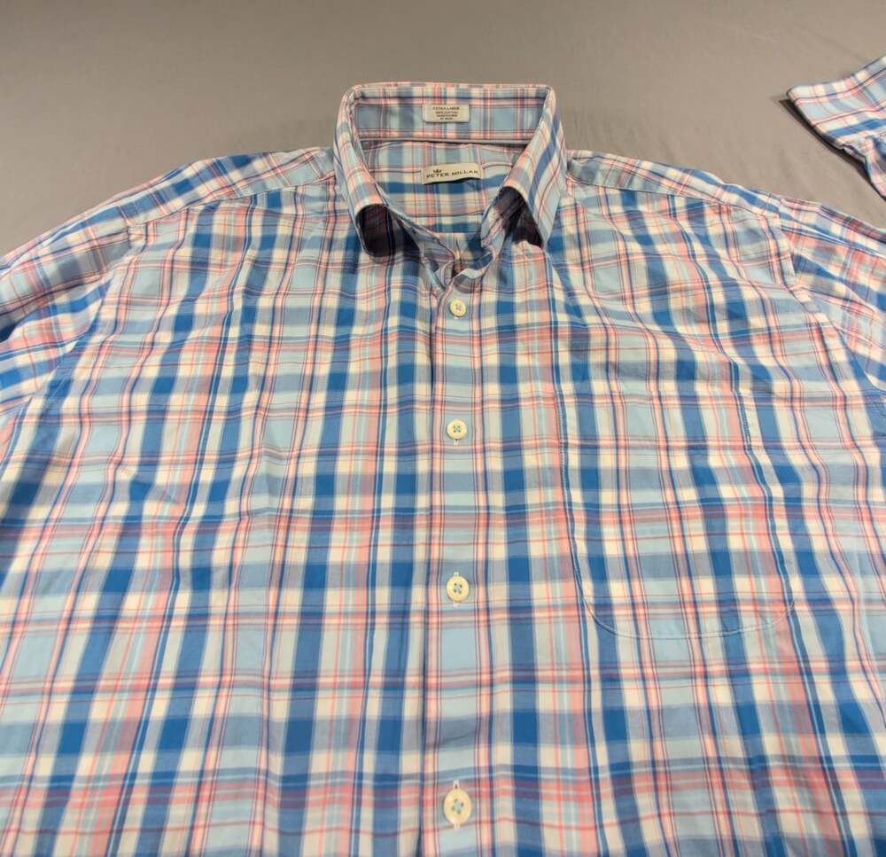 Peter Millar Button Down Shirt Extra Large Blue Pink Plaid Long Sleeve